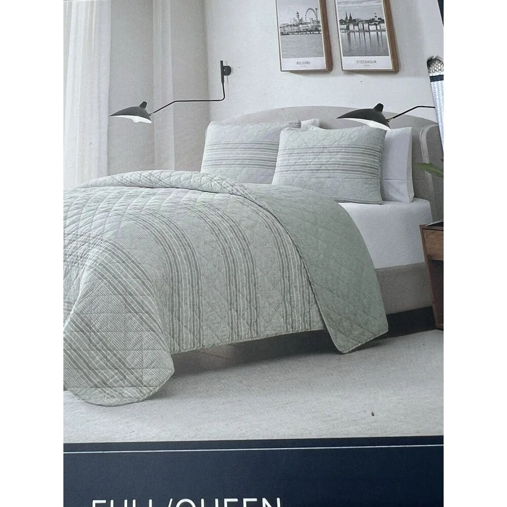 Brooks Brothers Cotton Slub Quilt Sham Set Full Queen Green Stripes 3 Pc Set New